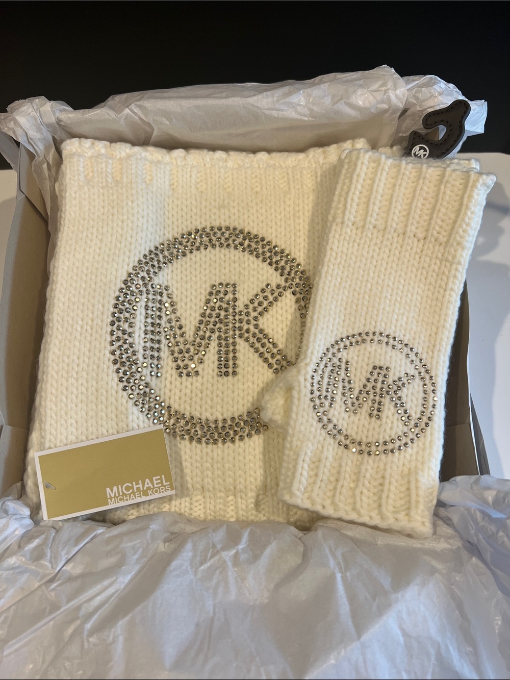Michael Kors Wrap Cream Knit Scarf & Fingerless Gloves with Crystal MK Logo